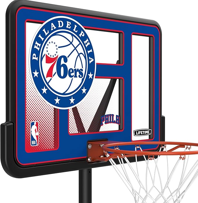 Lifetime NBA Philadelphia 76ers Portable Basketball Hoop, Adjustable Height 7.5-10 Ft, 44 Inch Shatterproof Fusion Backboard, Base with Wheels