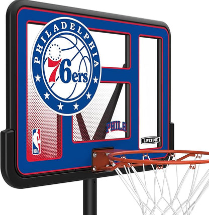 Lifetime NBA Philadelphia 76ers Portable Basketball Hoop, Adjustable Height 7.5-10 Ft, 44 Inch Shatterproof Fusion Backboard, Base with Wheels