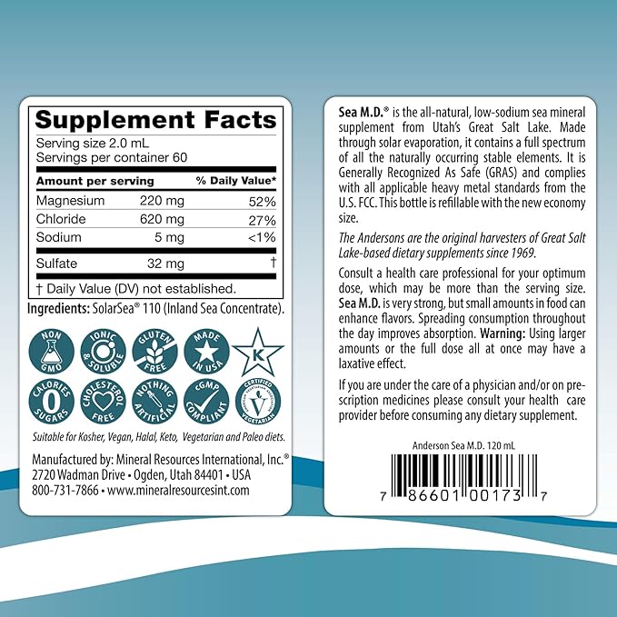 Anderson Sea M.D. Concentrated Trace Mineral Drops, 79 Trace Minerals with Magnesium, Sodium and Chloride Electrolytes - Supports Hydration, Energy, Muscles and Bone Health - 4 Fl Oz, 60 Servings