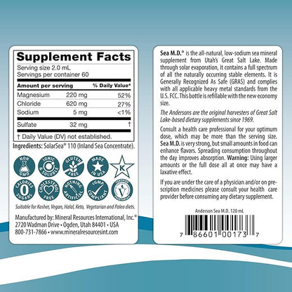 Anderson Sea M.D. Concentrated Trace Mineral Drops, 79 Trace Minerals with Magnesium, Sodium and Chloride Electrolytes - Supports Hydration, Energy, Muscles and Bone Health - 4 Fl Oz, 60 Servings
