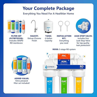 Express Water RO5DX Reverse Osmosis Filtration NSF Certified 5 Stage RO System with Faucet and Tank – Under Sink Water Plus 4 Filters – 50 GPD, 14 x 17 x 5, White