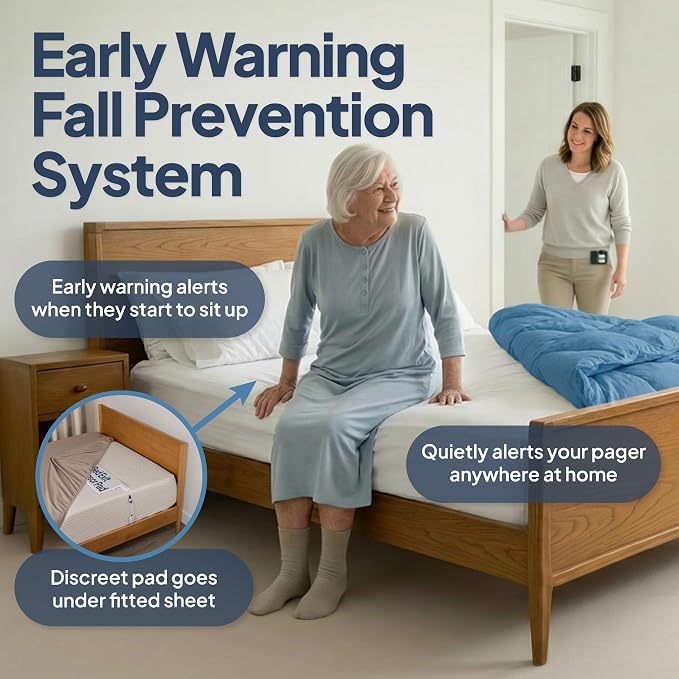 Smart Caregiver Bed Exit Alarm with Wireless Pager - Early Alert Fall Prevention for Seniors and Elderly - Weight Sensing Bed Pad Alerts Caregiver When They Get Up - USA Company and Customer Service
