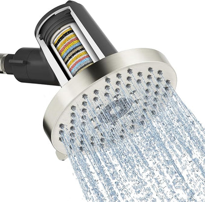 SR SUN RISE Filtered Shower Head - High Pressure Rain Shower Head with 20-Stage Filter,6 Spray Modes for Hard Water Softener, Remove Chlorine & Heavy Metals (Brushed Nickel, 5.6 Inch Round)