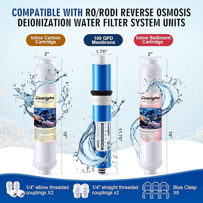 RO Replacement Cartridges Set (3-Pack) Compatible with RO/RODI Reverse Osmosis Deionization Water Filter System Units, Carbon Block Filter, Sediment Cartridge & 100GPD Membrane,1/4" Fittings