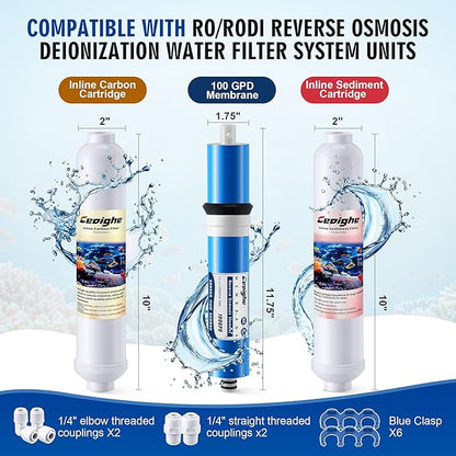 RO Replacement Cartridges Set (3-Pack) Compatible with RO/RODI Reverse Osmosis Deionization Water Filter System Units, Carbon Block Filter, Sediment Cartridge & 100GPD Membrane,1/4" Fittings