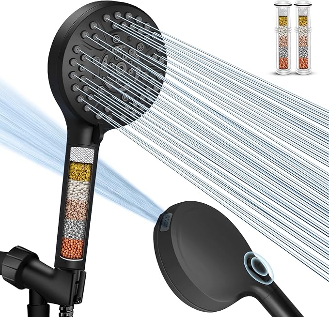 PALAS Filtered Shower Head with Handheld, High Pressure 10-Mode with Filters, Built-in Power Wash, soften hard water Remove Chlorine, Reinforced Hose, Overhead Bracket, Anti-clog nozzle (Matte Black)