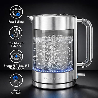 OVENTE Electric Kettle, 1.7L Double Wall Glass Tea Kettle with Stainless Steel Base, Acrylic Handle, 1500W Cordless Fast Boil Borosilicate Water Boiler, Easy Fill Lid & Auto Shut-Off, Silver KG912S