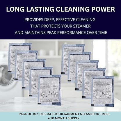 Garment Steamer Descaling Solution Decalcifier Packets for Mineral Deposits and Build-up Removal, Maintenance for Clothes, Works with all Garment Steamer Brands, Cleans Build Up, 10 packs