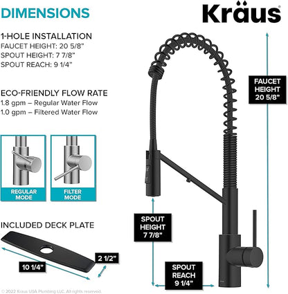 KRAUS Oletto 2-in-1 Commercial Style Pull-Down Single Handle Water Filter Kitchen Faucet for Reverse Osmosis or Water Filtration System in Matte Black, KFF-2631MB