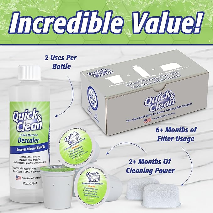 Quick & Clean 4-Pack Cleaning Cups with Descaler Bundle (2 Total Uses) - 2.0 Compatible, Descaling Solution for Keurig, Nespresso, Ninja, Delonghi, All Coffee and Espresso Machines (5)