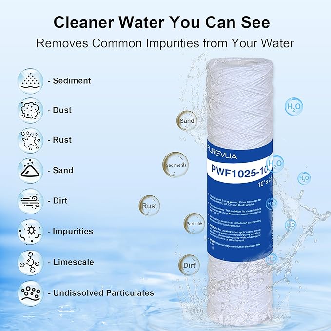 10 Micron 10"x2.5" String Wound Sediment Filter, Whole House Water Filter Cartridge for Well Water, Compatible with CW-F, AO-WH-PRE-R2, WHKF-WHSW, Fits Standard 10" Housings, 6 Pack
