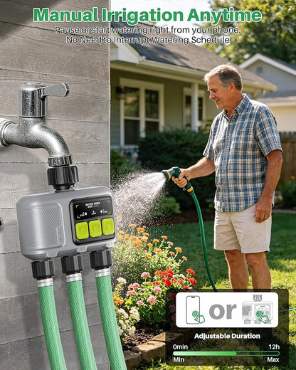 WiFi Water Timer 3 Outlet for Garden Hose, Smart Sprinkler Controller with 984ft RF Range, Smart Lawn Watering System Irrigation Timer, APP/Voice Control, Rain Delay, Manual Irrigation