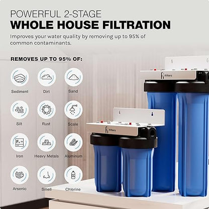 iFilters 2-Stage 10" Well Water Whole House Filtration Complete Commercial Grade System | Removes Sediment, Chlorine, Rust, Odor, Taste, Iron, Heavy Metals | Dual Stage with 1" Ports