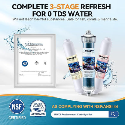 3 Pack Aquarium Filter Replacement Cartridge Set Compatible with AquaticLife RO Buddie, Inline Cartridges for Clear, Include Sediment, Carbon Block, Color Changing DI Resin and Quick Couplings