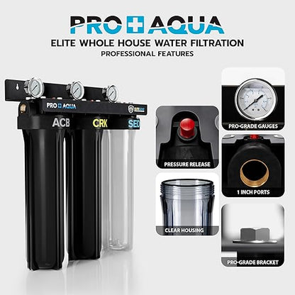 PRO+AQUA Elite Series GEN2 PRO-100-E 3-Stage Whole House Water Filtration System for City & Well Water with Pressure Gauges | Reduces Contaminants, Sediment, Chemicals, Heavy Metals, with 1” Ports