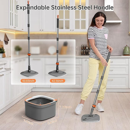 KZKR Spin Mop and Bucket Set with 2 Replaceable Microfiber Mop Pads with Self Separation Dirty and Clean Water System, Self Wringing 360° Rotating Square Mop Head for Hardwood Tile Marble Floors