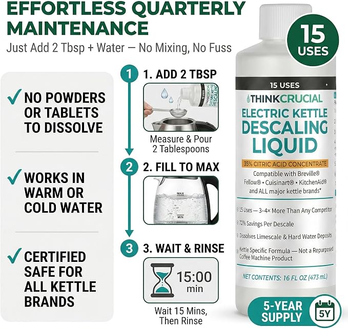 Think Crucial Electric Kettle Descaler, 15 Uses, 35% Citric Acid Concentrate — Compatible with Breville, Fellow, Cuisinart, KitchenAid — 16 fl oz