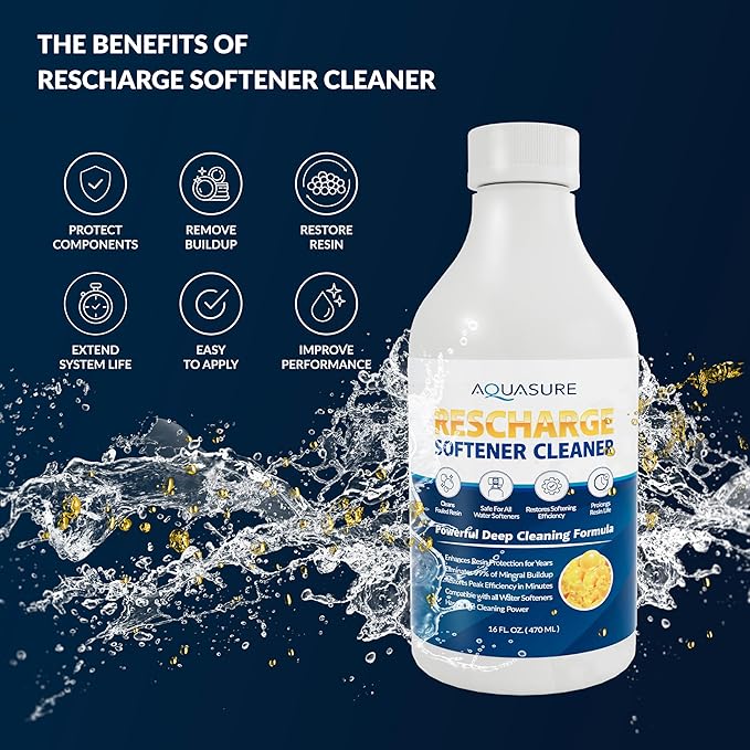 Aquasure Rescharge Liquid Water Softener Cleaner Solution | Restores Whole House Softener Efficiency, Cleans Fouled Resin, Removes Contaminants, Extends Water Softener Life, 16 Oz