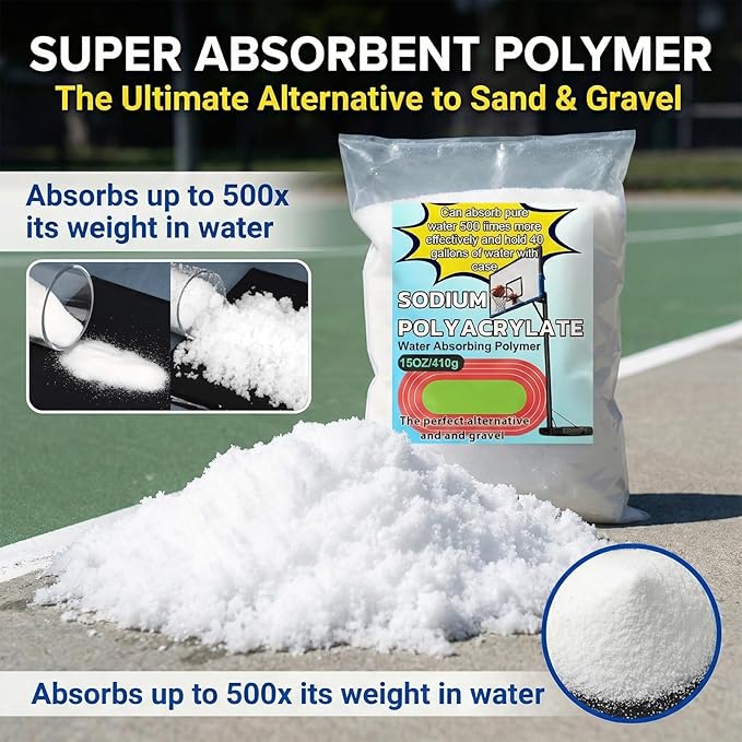 RAINFLOW 15OZ Water Absorbing Polymer - Sodium Polyacrylate Alternative to Sand for Basketball Hoop Bases,Sign,Soil Moist Water Crystals,Sand Bags for Umbrella Base Eco Gel for Camping Toilet