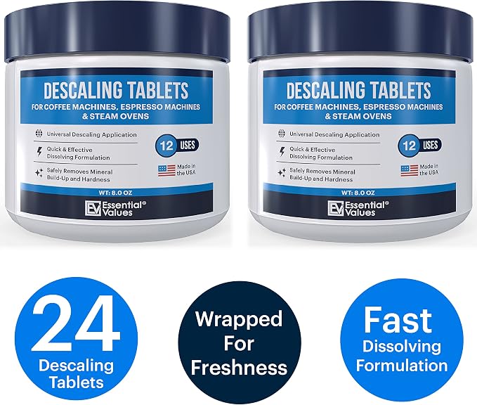 Essential Values Descaling Tablets, Coffee Maker Cleaner Compatible with Keurig Coffee Machines, Breville, Delonghi, Jura, Miele, Bosch, Tassimo Espresso Machines and Miele Steam Ovens (Pack of 24)