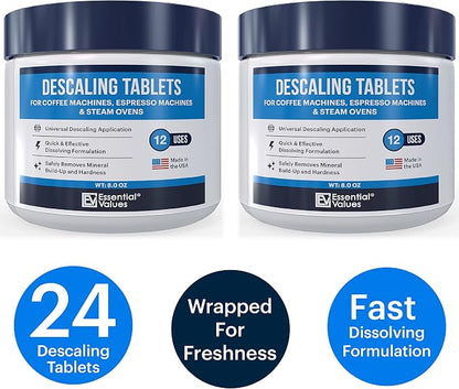 Essential Values Descaling Tablets, Coffee Maker Cleaner Compatible with Keurig Coffee Machines, Breville, Delonghi, Jura, Miele, Bosch, Tassimo Espresso Machines and Miele Steam Ovens (Pack of 24)