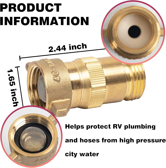 Hourleey Brass RV Water Pressure Regulator, Water Regulator for RV Camper with Filter Screen, Protector for Campers, Travel Trailers, RV Plumbing System, 40-50 PSI