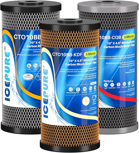 ICEPURE 4.5"x 10" Whole House Water Filter Set, 3-Stage Water Filtration System Combo Kit with Activated Carbon Block, KDF Cartridge and Upgraded Activated Carbon Heavy Metal Remove Filter, Pack of 1