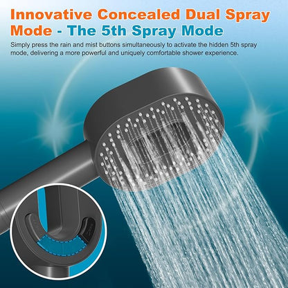 Hibbent Filtered Showerhead with handheld, High Pressure 5 Sprays Handheld Shower Head with Brass Holder& 71" Metal Hose, Water Softener for Hard Water-Remove Chlorine, Reduces Dry Itchy Skin, Gray