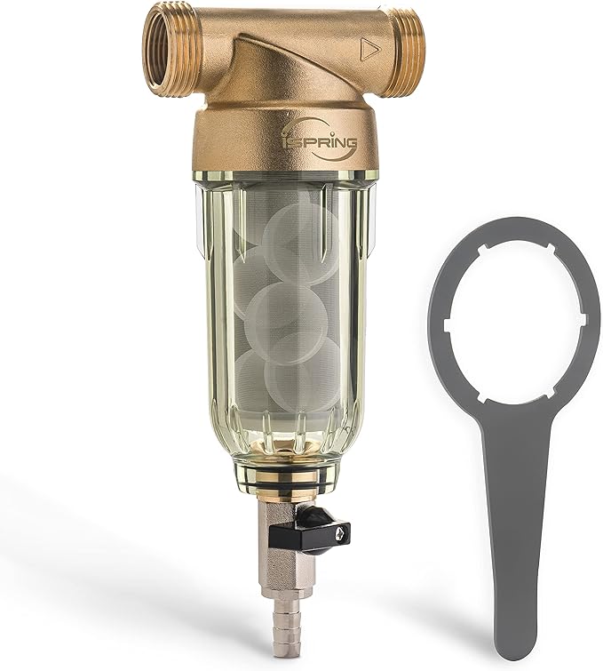 iSpring WGB21BM 2-Stage Whole House Water Filtration System, 10” x 4.5” Carbon Block and Iron & Manganese Reducing Filters, 1" Ports and iSpring WSP-50SL Reusable Whole House Spin Down Sediment Water Filter Softener, Includes Siliphos Helps Prevent Sca...