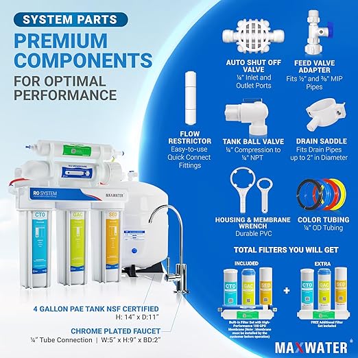Max Water 100 GPD Reverse Osmosis Water Filtration System - 5 Stage RO System with NSF Certified Tank, Faucet and 4 Extra Filters - Under-Sink/Wall Mount System - Model : RO-5W2