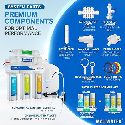 Max Water 100 GPD Reverse Osmosis Water Filtration System - 5 Stage RO System with NSF Certified Tank, Faucet and 4 Extra Filters - Under-Sink/Wall Mount System - Model : RO-5W2