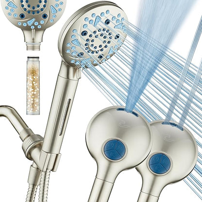 AquaCare High Pressure 10 Spray Mode Filtered Showerhead - Handheld Shower Head Filters Chlorine to Heal Dry Skin, Revive Hair - Dual Power Wash Cleans Tub, Tile, Pets - Hard Water Softener, Nickel