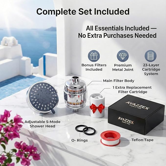 Filtered Shower Head – Water Softener – Shower Head With Filters for Hard Water – 5 Modes High Pressure Showerhead – 1-Min Install – Reduces Chlorine & Heavy Metals – 1 Bonus Shower Filter