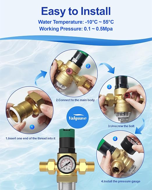 Water Pressure Regulator, with Spin Down Sediment Filter & Gauge for Home, 50 Micron, 1.25" MNPT + 1" FNPT + 1" MNPT, Heavy Duty Brass