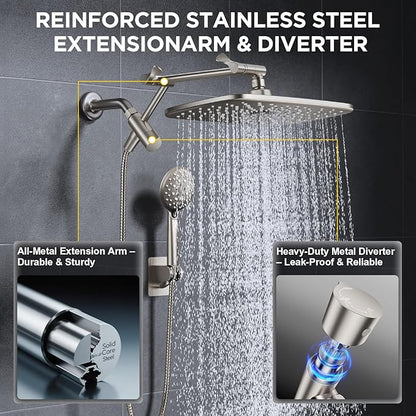 Veken 11.8" Rain Shower Head with Handheld, High Pressure Handheld Shower with Multi Spray Modes, Rainfall Combo with Metal Extension Arm, Detachable Dual Showerhead, Bathroom Decor, Starlight