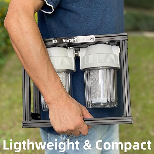 S2 Mini External 2-Stage RV Fresh Water Filter System, Compact, 5 Inch Filters, 3/4" GHT Stainless Steel Fittings, Reduce Sediment, Chlorine, Odor, All Aluminium Free-Standing Chassis, Clear