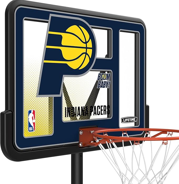 Lifetime NBA Indiana Pacers Portable Basketball Hoop, Adjustable Height 7.5-10 Ft, 44 Inch Shatterproof Fusion Backboard, Base with Wheels