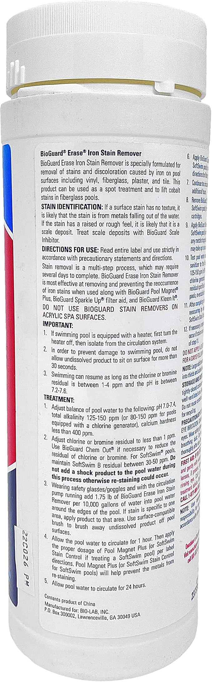 BioGuard Erase Iron Stain Remover, 1.75 lb, Highly Effective Iron Stain Remover, Restore Pool Surfaces, Suitable for All Pool Types