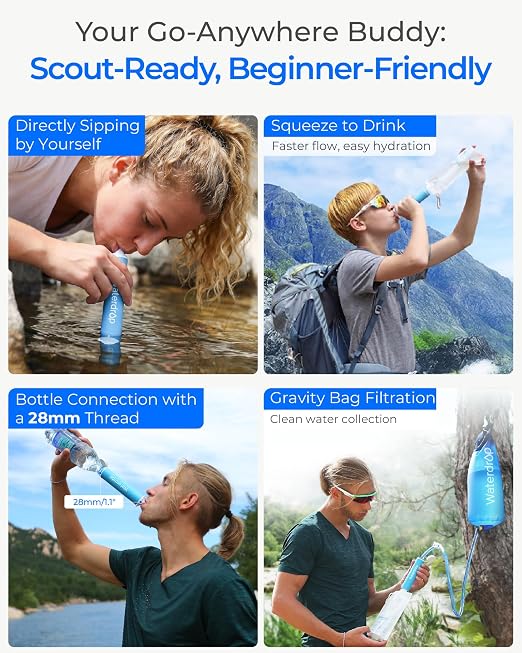 Waterdrop Gravity Water Filter Straw, Camping Water Filter, 0.1 Micron | Survival Water Purifier for Hiking, Backpacking & Emergency Preparedness, Multi-Stage Filter with 1.5 Gallon Bag, 2 Pack