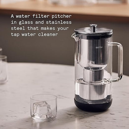 Aarke Purifier - Premium Glass and Stainless Steel Water Filter Pitcher, Refillable Filter System and Granules, 2.4L Pitcher with 1.18L Filtration Capacity
