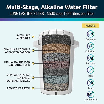 Invigorated Water Filter Pitcher with 1 Alkaline Filter – BPA-Free High pH Purifier, 15-Cup Capacity with SmartLight Filter Change Indicator, (96 Gallon) Long Filter Life