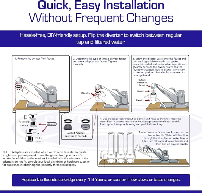 Crystal Quest Countertop Water Filter System – 8-Stage Triple Fluoride Plus Filtration for Kitchen Faucets, Removes Chlorine, Heavy Metals & VOCs, Long-Lasting 10,000-Gallon Faucet Filter