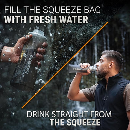 Water Filter Camping – Bachgold Squeeze Foldable Squeeze Bottle | Ultralight Backpacking Filtration for Hiking, Survival & Emergency | Dual-Stage Filtration, Swiss Design