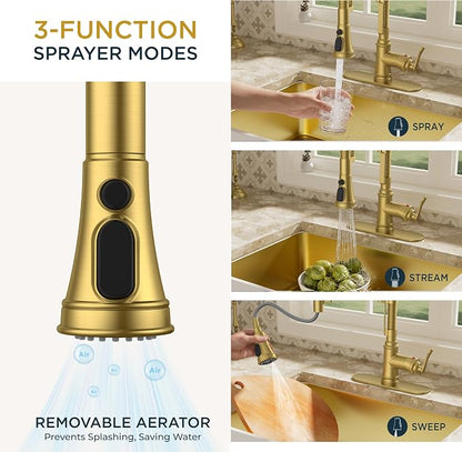 FORIOUS Gold Kitchen Faucet with Pull Down Sprayer, Stainless Steel Single Handle Spring Antique Brass Kitchen Sink Faucet with Deck Plate for 1 or 3 holes, Sutiable for Farmhouse, RV, Camper, Wet Bar