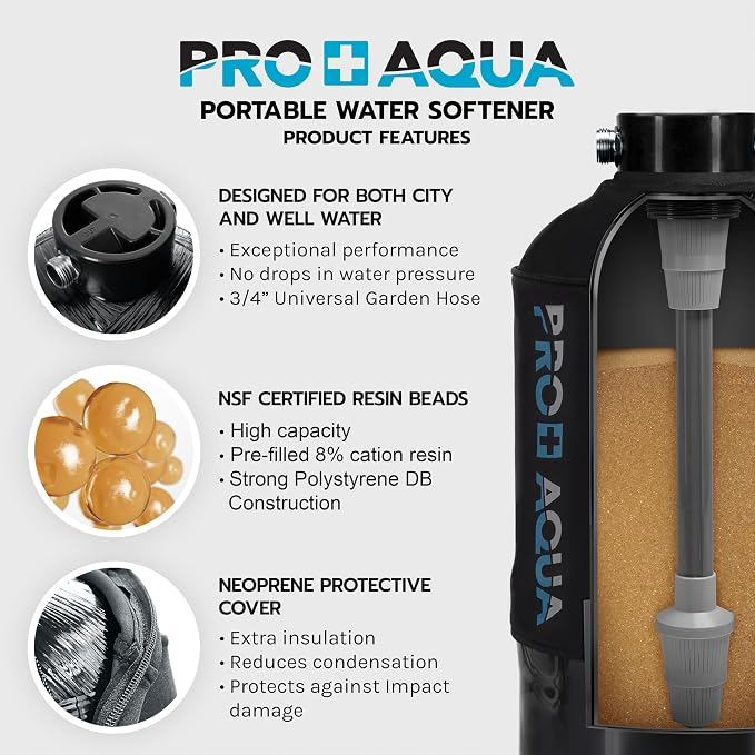 PRO+Aqua Portable RV Water Softener Filter and Soften Hard Water for RV Trailers Vans 16,000-Grains and Filtration System Bundle WS-P-16-BNDL