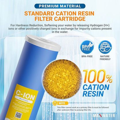 (1 Pack) Calcium, Magnesium TDS Hardness Reduction Water Softening 20" x 4.5" Cation Resin Filter Compatible with 20" BB Whole House Water Filter Systems
