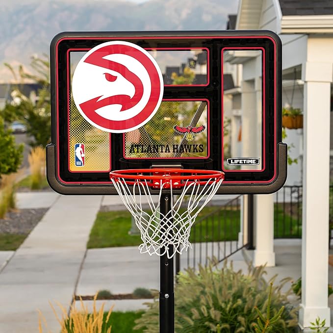 Lifetime NBA Atlanta Hawks Portable Basketball Hoop, Adjustable Height 7.5-10 Ft, 44 Inch Shatterproof Fusion Backboard, Base with Wheels