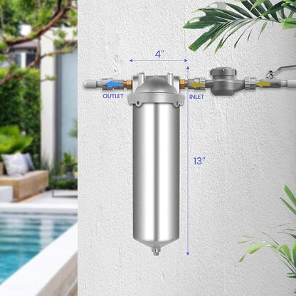 Amwater NSF/ANSI 42 Stainless Steel Whole House Water Filter Housing, 10" x 2.5" Sediment Water Filter System for Heavy Duty, Well & City Water, 1/2" NPT Port, Drain Valve Style C(Square Head)
