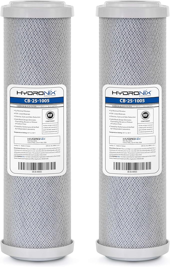 Hydronix CB‑25‑1005 Whole House Coconut Carbon Block Water Filter – 5-Micron Replacement Cartridge for RO & Drinking Water Systems | Standard 2.5 x 10 Inch Filter Housings (2 Pack)