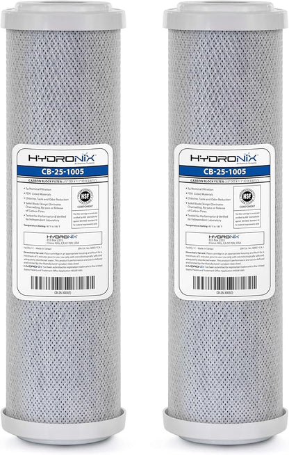Hydronix CB‑25‑1005 Whole House Coconut Carbon Block Water Filter – 5-Micron Replacement Cartridge for RO & Drinking Water Systems | Standard 2.5 x 10 Inch Filter Housings (2 Pack)